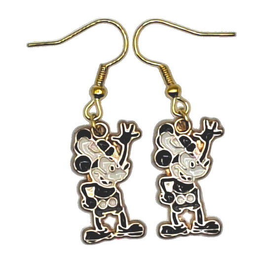 Clarabelle Cow earrings in a waving pose with gold-tone hooks on a white background