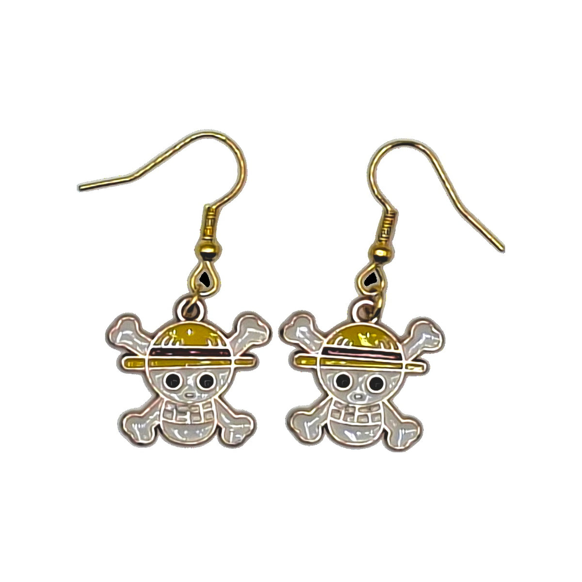 One Piece earrings with Straw Hat Jolly Roger charms and gold-tone hooks on a white background