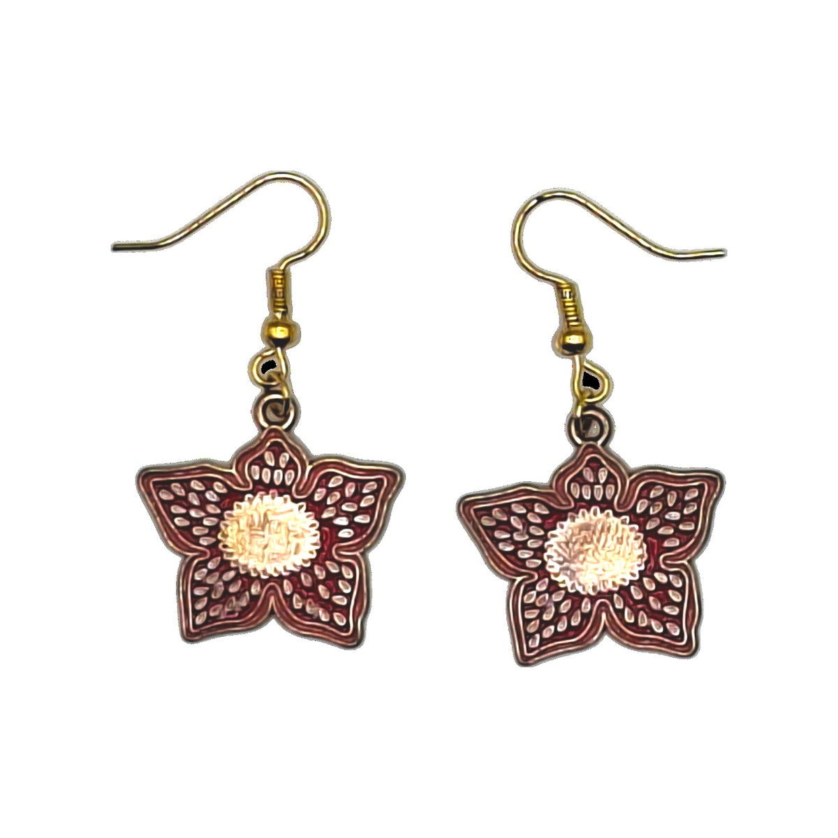 Demogorgon earrings inspired by Stranger Things, open red head charms with gold-tone hooks on a white background
