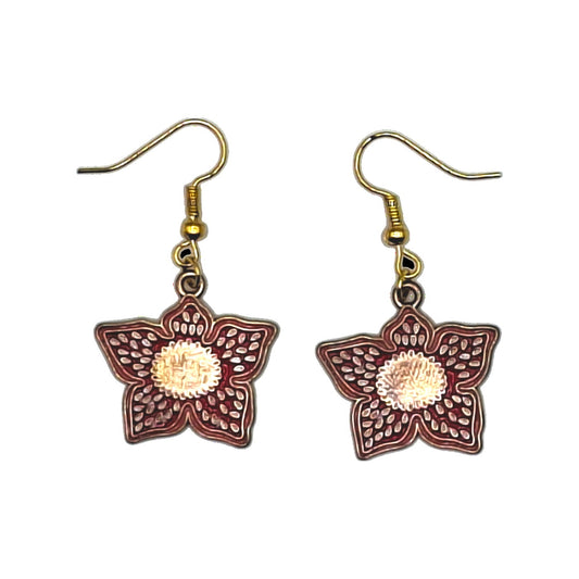 Demogorgon earrings inspired by Stranger Things, open red head charms with gold-tone hooks on a white background