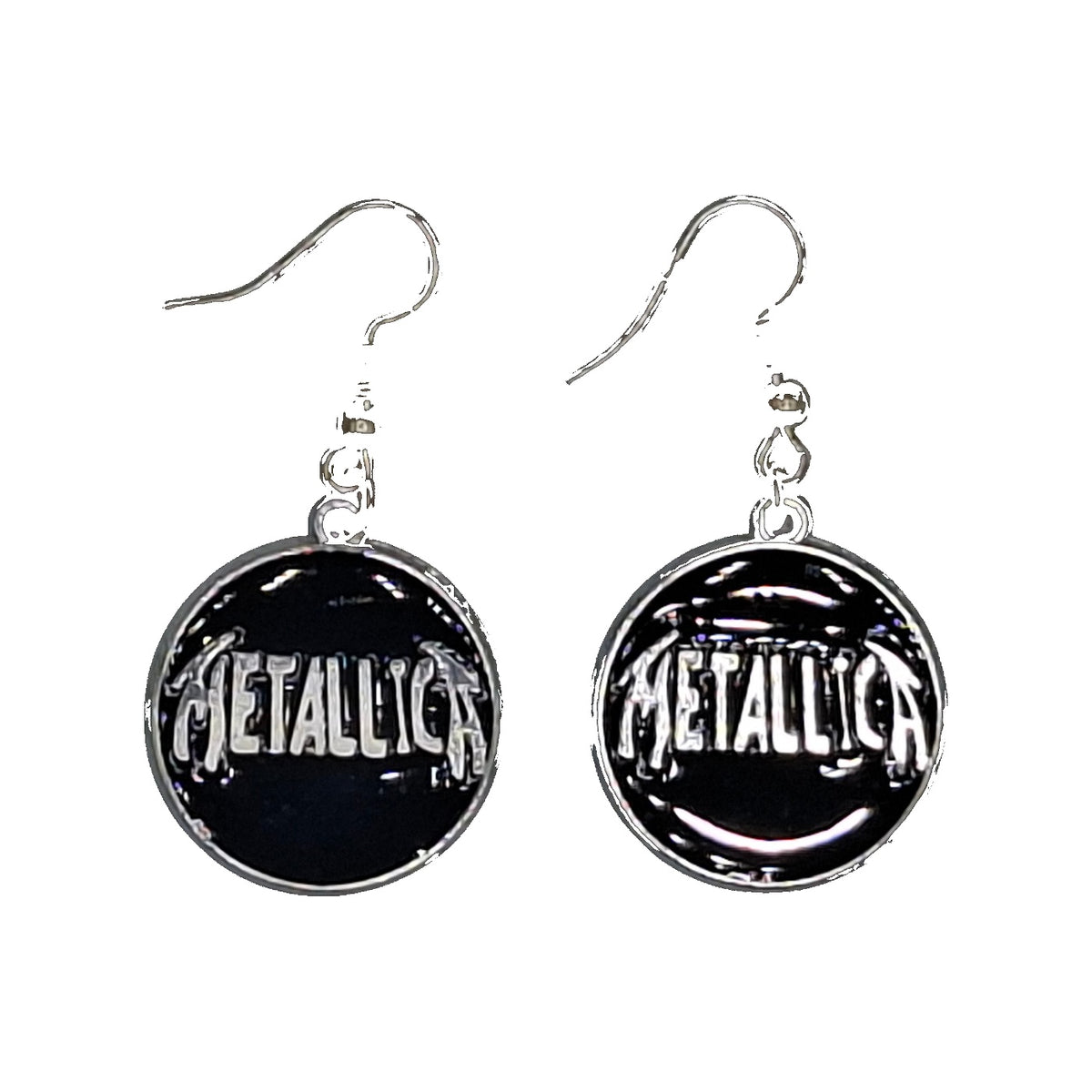 Metallica earrings with round black logo pendants and silver-tone hooks on a white background