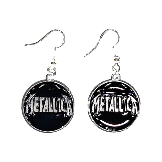 Metallica earrings with round black logo pendants and silver-tone hooks on a white background