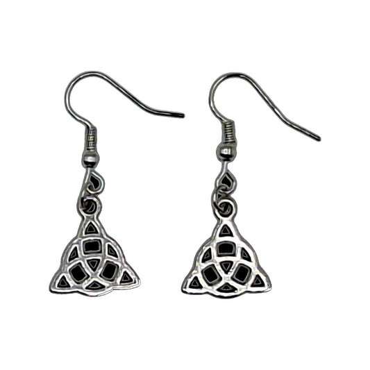Silver-tone triquetra earrings inspired by the Power of Three, with black hooks on a white background