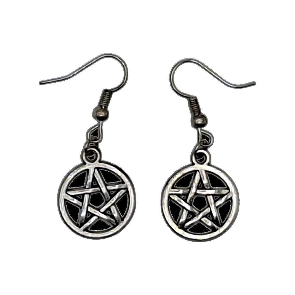 Silver-tone circled pentagram earrings with black hooks on a white background