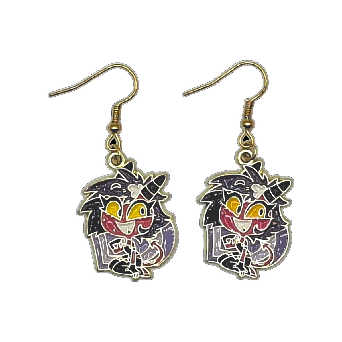 Blitzø earrings inspired by Helluva Boss with horse motif and gold-tone hooks on a white background