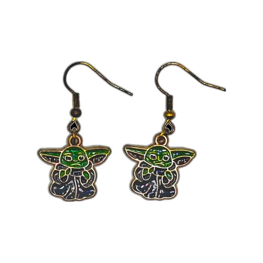 Grogu earrings inspired by Star Wars, standing character with dark robe and black hooks on a white background