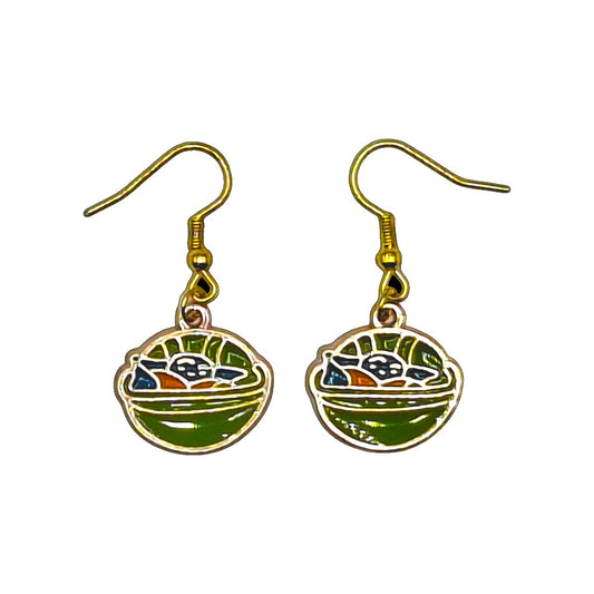 Grogu earrings inspired by Star Wars in a green pram with gold-tone hooks on a white background