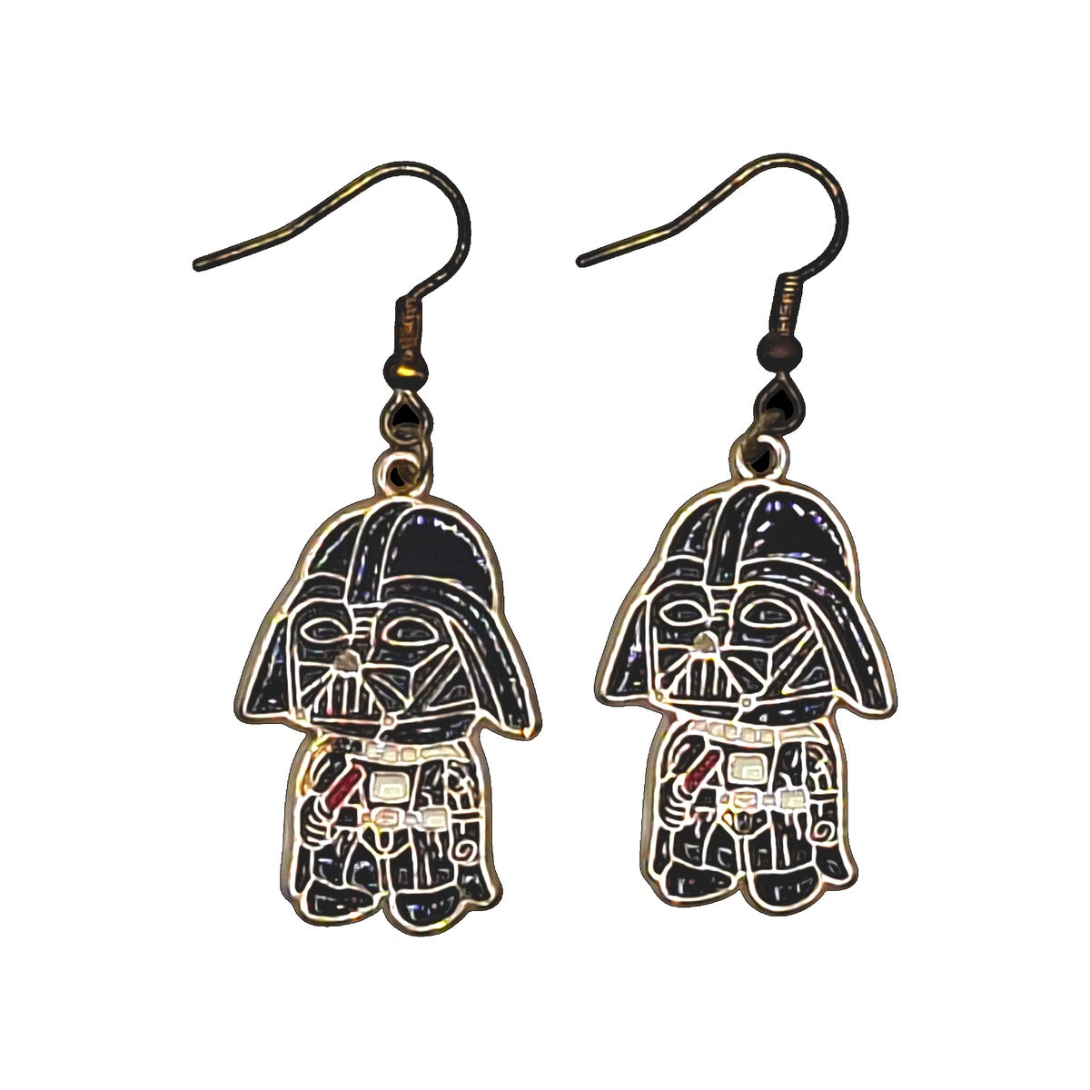 Chibi Darth Vader earrings inspired by Star Wars with black hooks on a white background