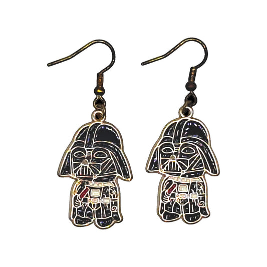 Chibi Darth Vader earrings inspired by Star Wars with black hooks on a white background