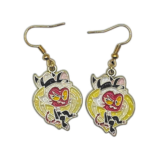 Blitzø earrings inspired by Helluva Boss in a sitting pose with gold-tone hooks on a white background