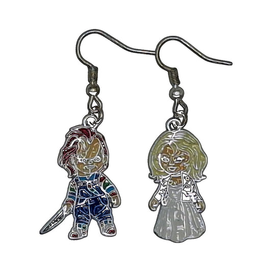 Chucky and Tiffany earrings inspired by Bride of Chucky, asymmetrical duo with silver-tone hooks on a white background