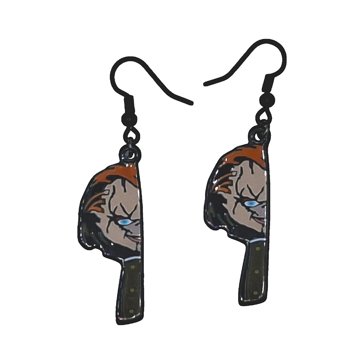 Chucky earrings with scarred-face butcher-knife motif and black hooks on a white background