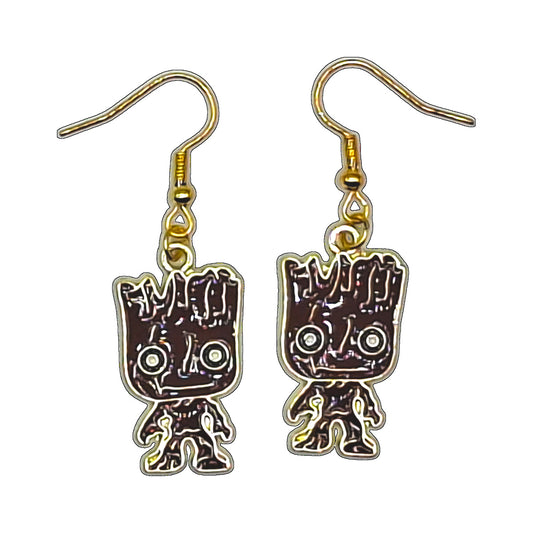 Baby Groot chibi earrings inspired by Guardians of the Galaxy with gold-tone hooks on a white background