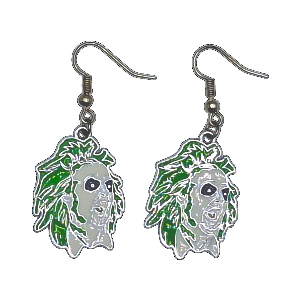 Beetlejuice portrait earrings with green hair and silver-tone hooks on a white background