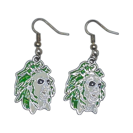 Beetlejuice portrait earrings with green hair and silver-tone hooks on a white background