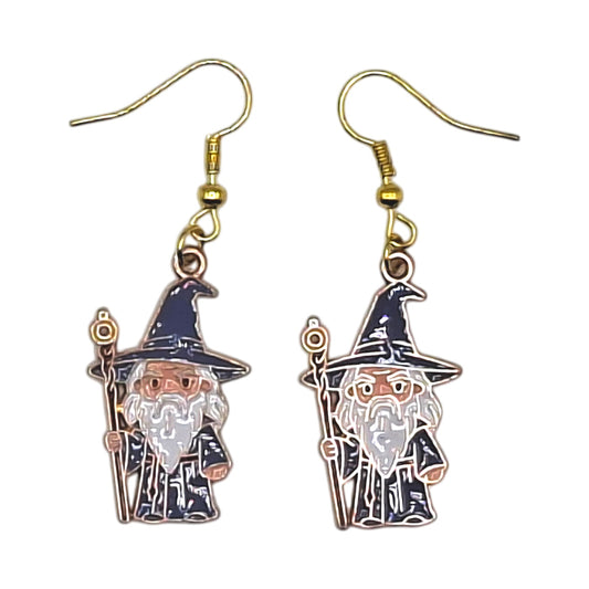Gandalf earrings inspired by The Lord of the Rings, wizard with hat and staff, gold-tone hooks on a white background