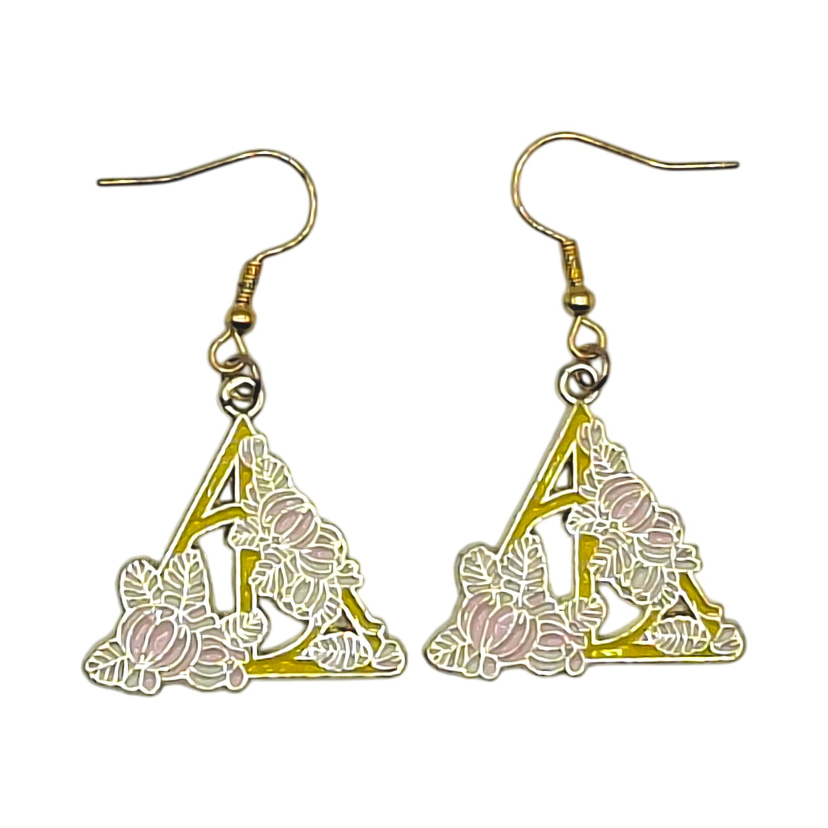 Boucles d’oreilles Reliques de la Mort inspirées de Harry Potter, symbole doré décoré de fleurs roses, crochets dorés, sur fond blanc