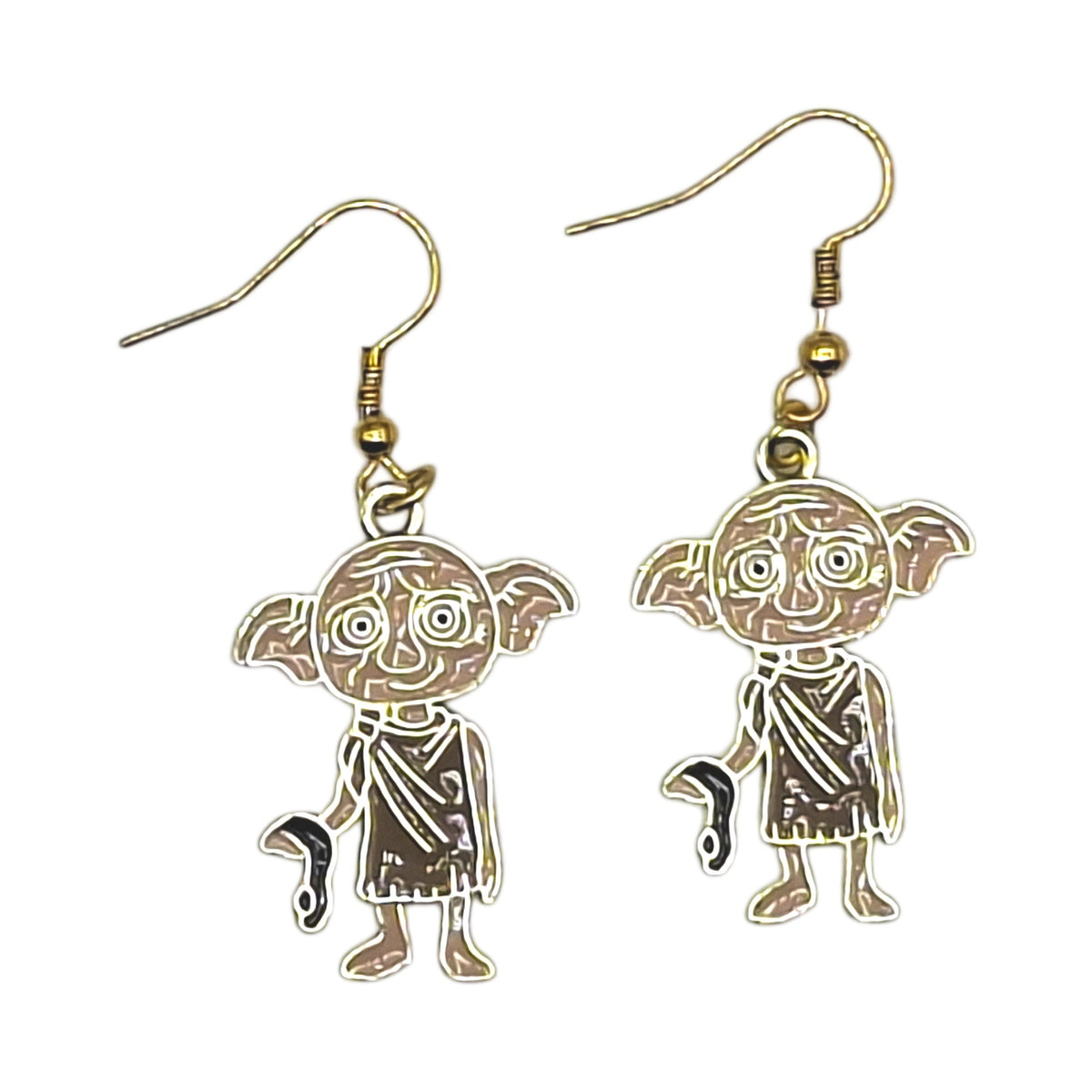 Dobby earrings inspired by Harry Potter, house-elf with sock and gold-tone hooks on a white background