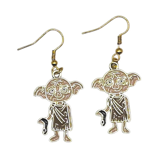 Dobby earrings inspired by Harry Potter, house-elf with sock and gold-tone hooks on a white background