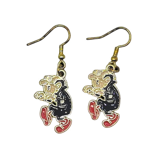 Gargamel earrings inspired by The Smurfs, black robe, red shoes and gold-tone hooks on a white background