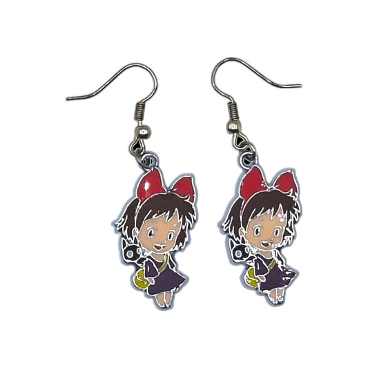 Kiki earrings inspired by Kiki’s Delivery Service with Jiji, large red bow and silver-tone hooks on a white background