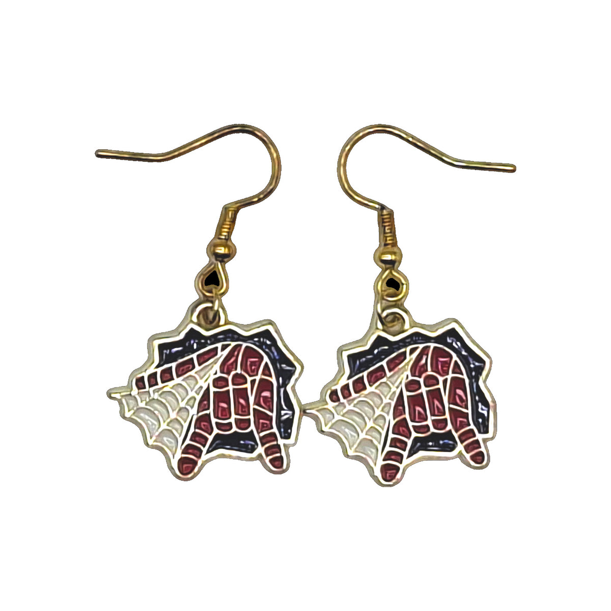 Boucles d’oreilles inspirées de Spider-Man avec main lançant une toile d’araignée, crochets dorés, sur fond blanc