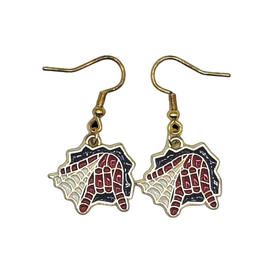 Spider-Man-inspired earrings with web-shooting hand and spider web, gold-tone hooks on a white background
