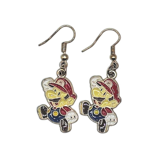 Mario earrings inspired by Super Mario, dynamic pose with red cap and silver-tone hooks on a white background