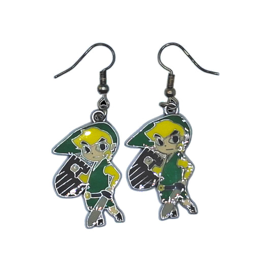 Toon Link earrings inspired by The Legend of Zelda, green tunic and black hooks on a white background