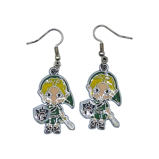 Link earrings inspired by The Legend of Zelda, character with shield and sword and black hooks on a white background