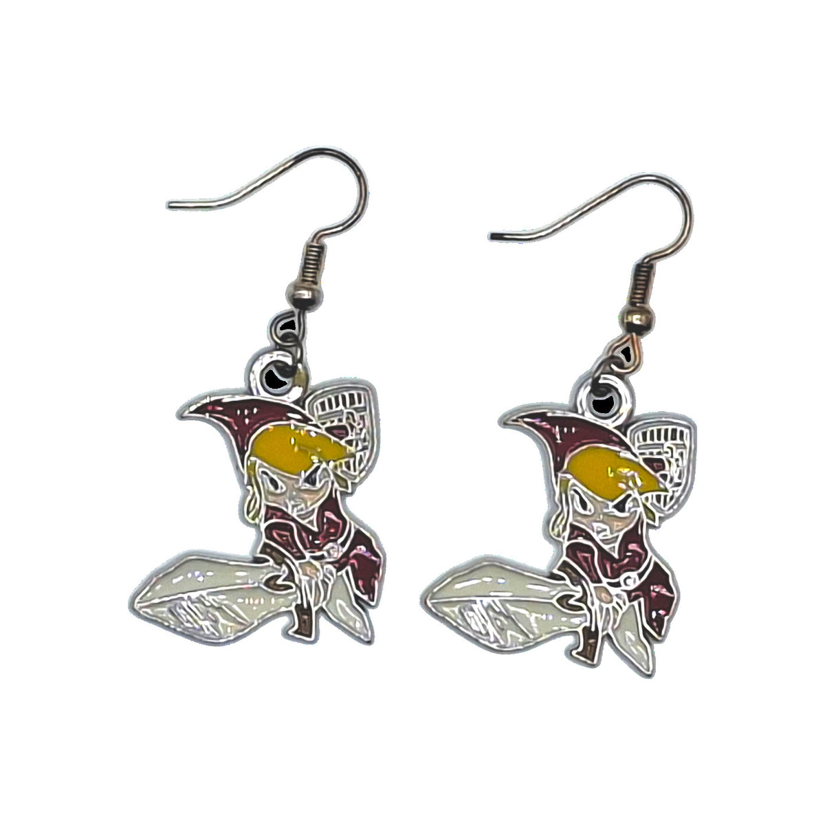 Boucles d’oreilles Link inspirées de The Legend of Zelda, personnage en tunique rouge avec grande épée et crochets argentés, sur fond blanc