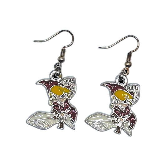 Link earrings inspired by The Legend of Zelda, red tunic with large sword and silver-tone hooks on a white background