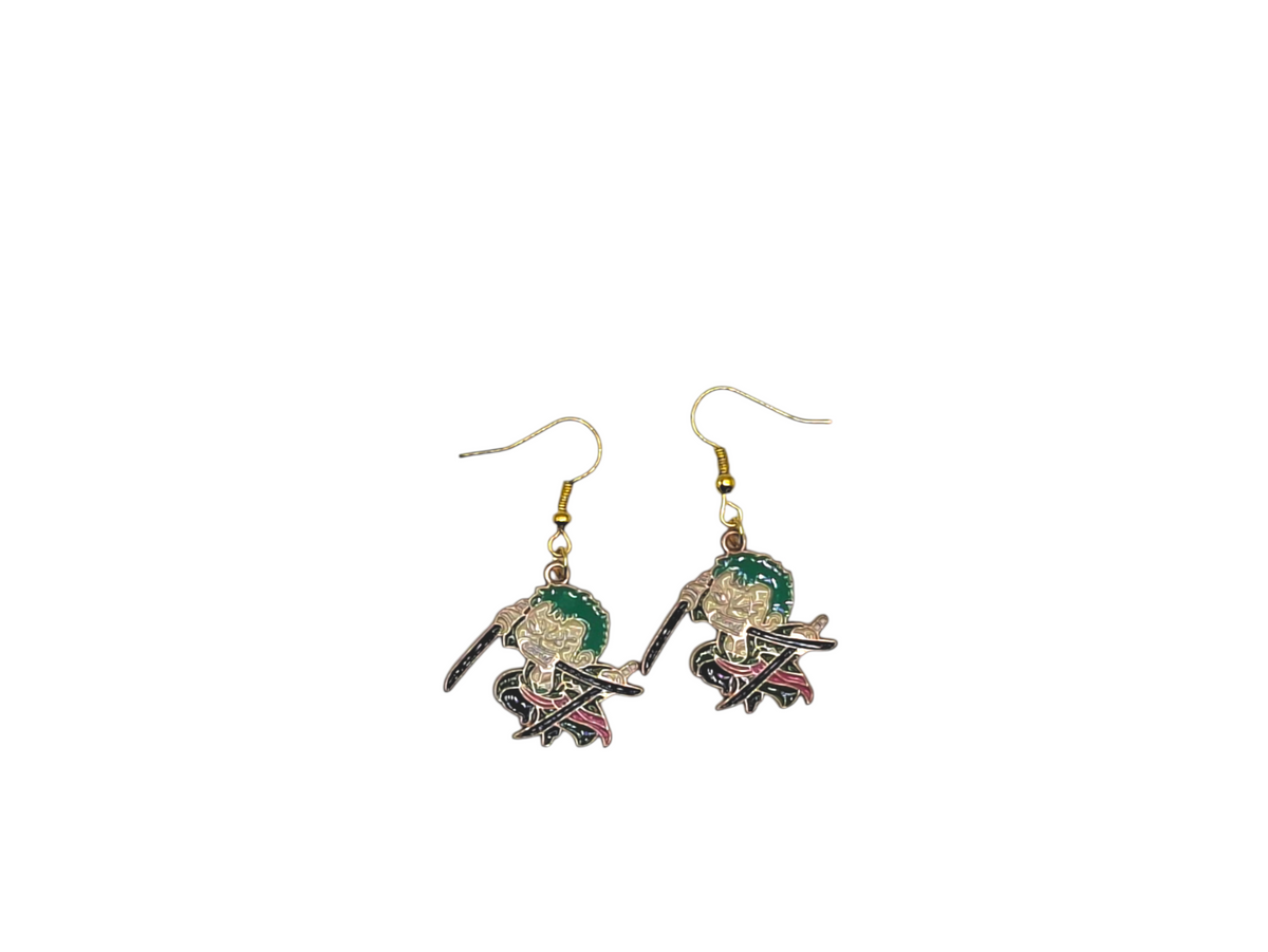 Boucles d’oreilles Roronoa Zoro – Combat aux sabres – One Piece – Inox doré – Created Artisan