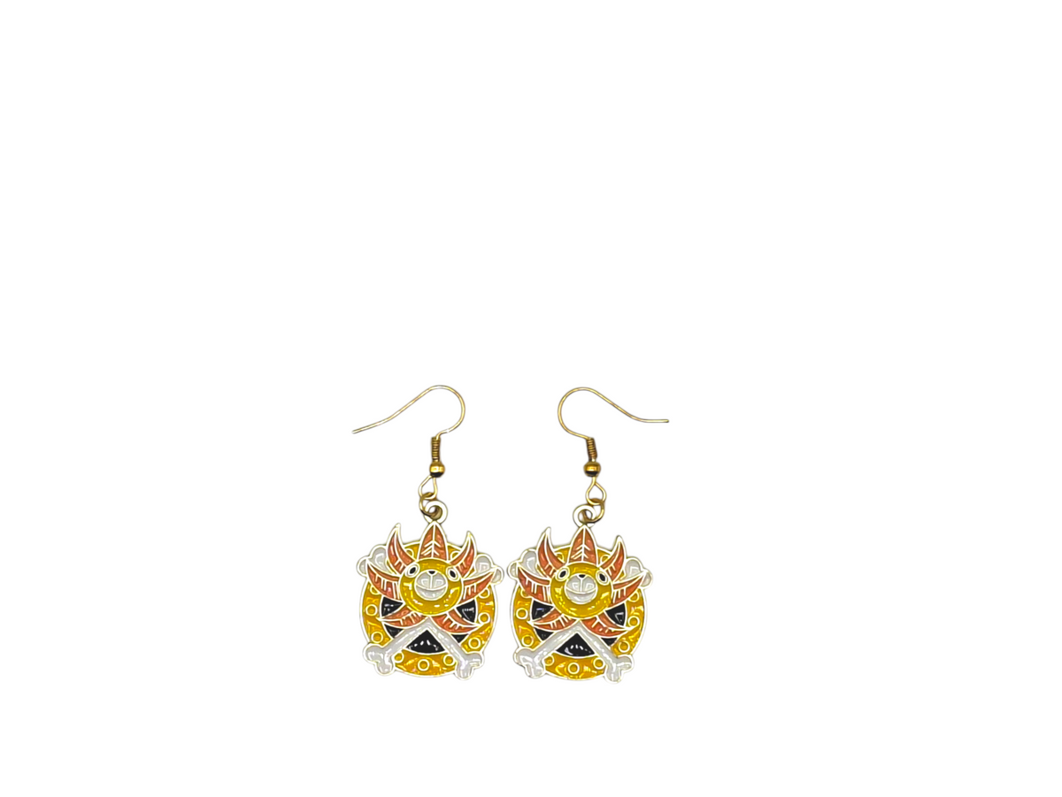 Boucles d’oreilles Thousand Sunny – Emblème soleil & os – One Piece – Inox doré – Created Artisan