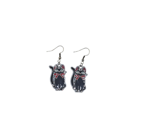 Boucles d’oreilles Jiji – Chat noir au nœud rouge – Kiki la petite sorcière – Inox argenté – Created Artisan