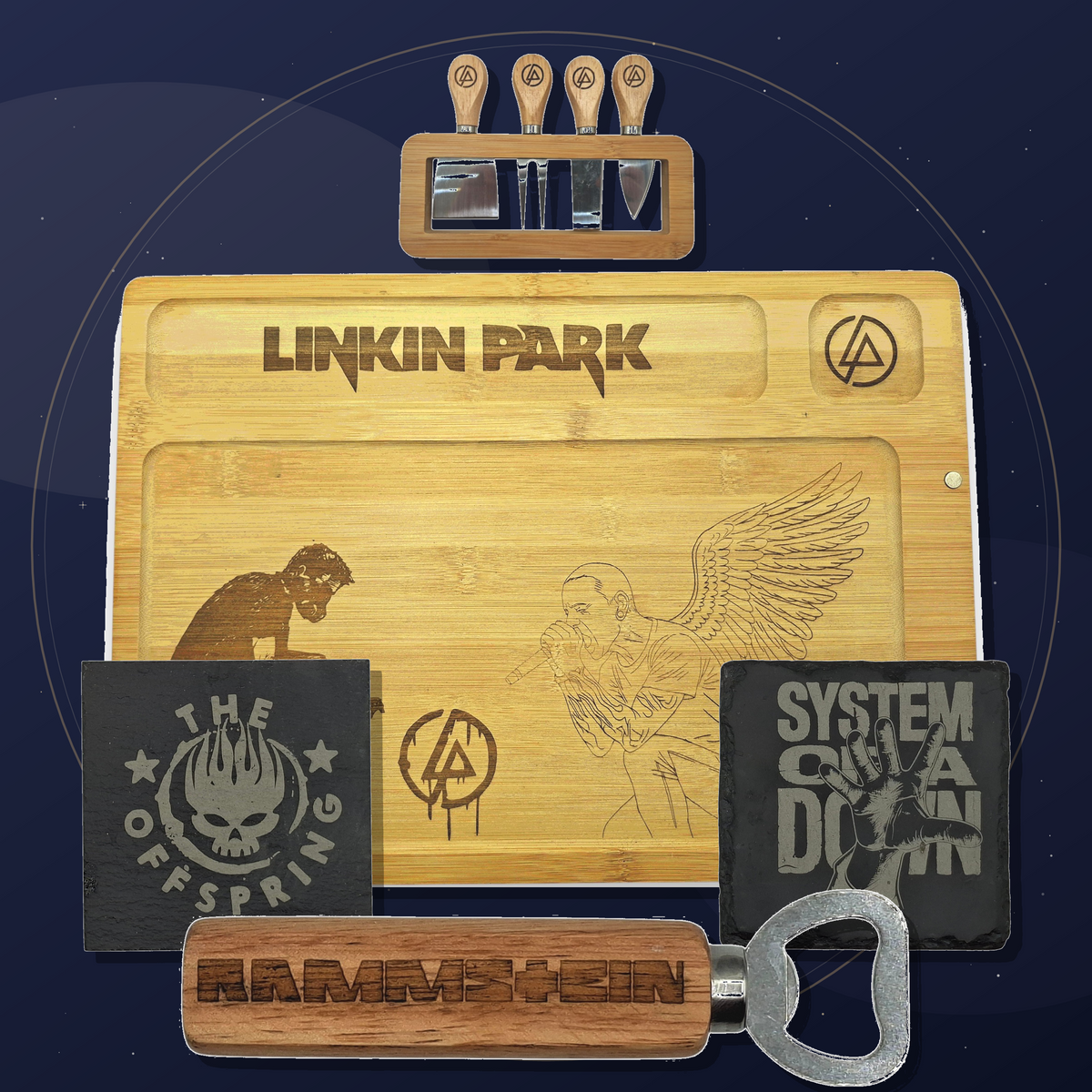Coffret fromage personnalisable avec planche, couteaux, décapsuleur et deux sous-verres