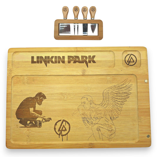 Planche à fromage en bois gravée inspirée de Linkin Park avec ses quatre couverts assortis