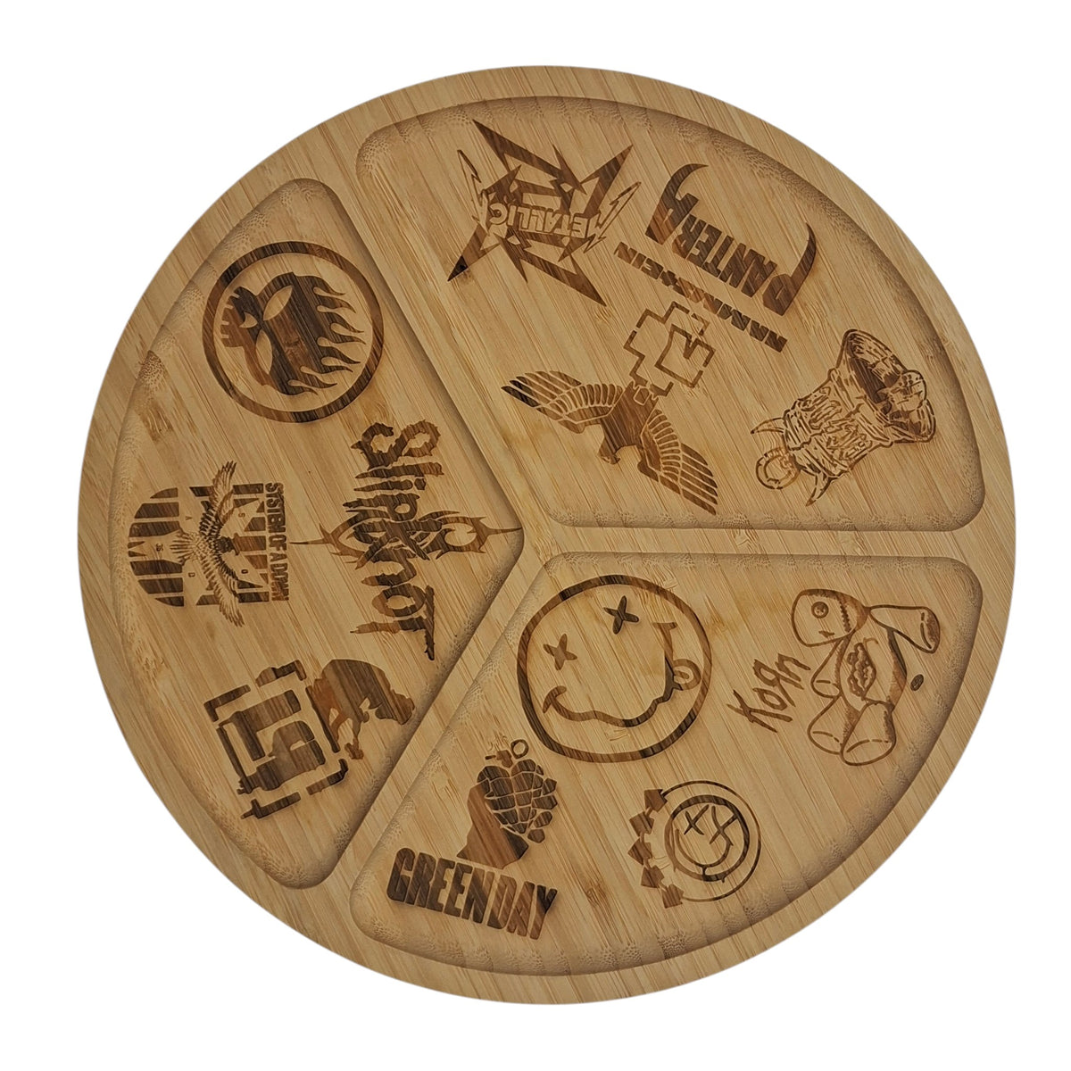 Plateau apéro rond en bois gravé inspiré de plusieurs groupes rock et metal