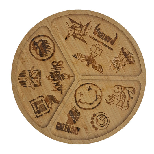 Plateau apéro rond en bois gravé inspiré de plusieurs groupes rock et metal