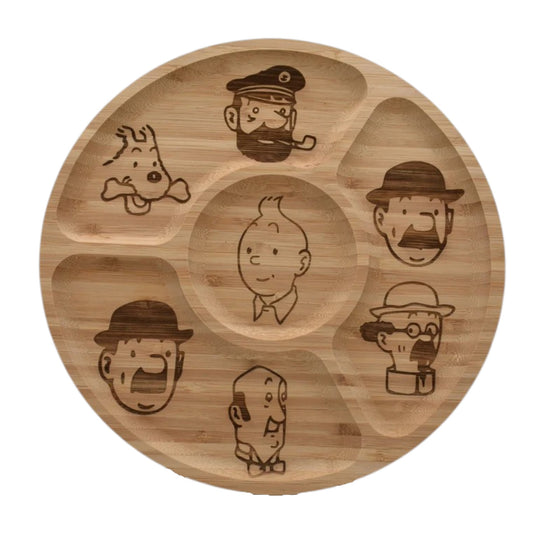 Plateau apéritif rond en bois gravé inspiré de Tintin