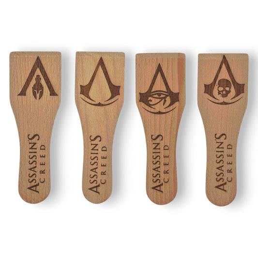 Racloirs à raclette en bois gravés inspirés d'Assassin's Creed – modèles 1 à 4