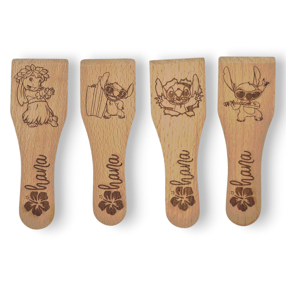 Racloirs à raclette en bois gravés inspirés de Lilo & Stitch – modèles 1 à 4