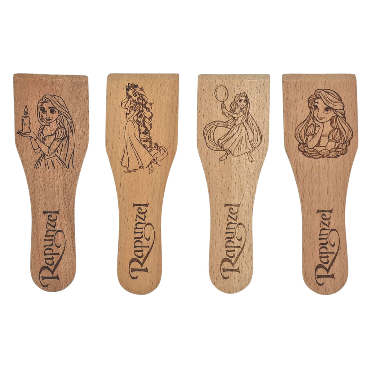 Racloirs à raclette en bois gravés inspirés de Raiponce – modèles 1 à 4