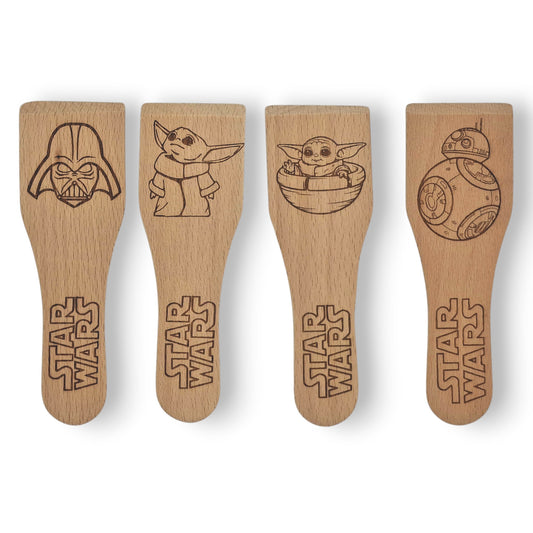 Racloirs à raclette en bois gravés inspirés de Star Wars – modèles 1 à 4