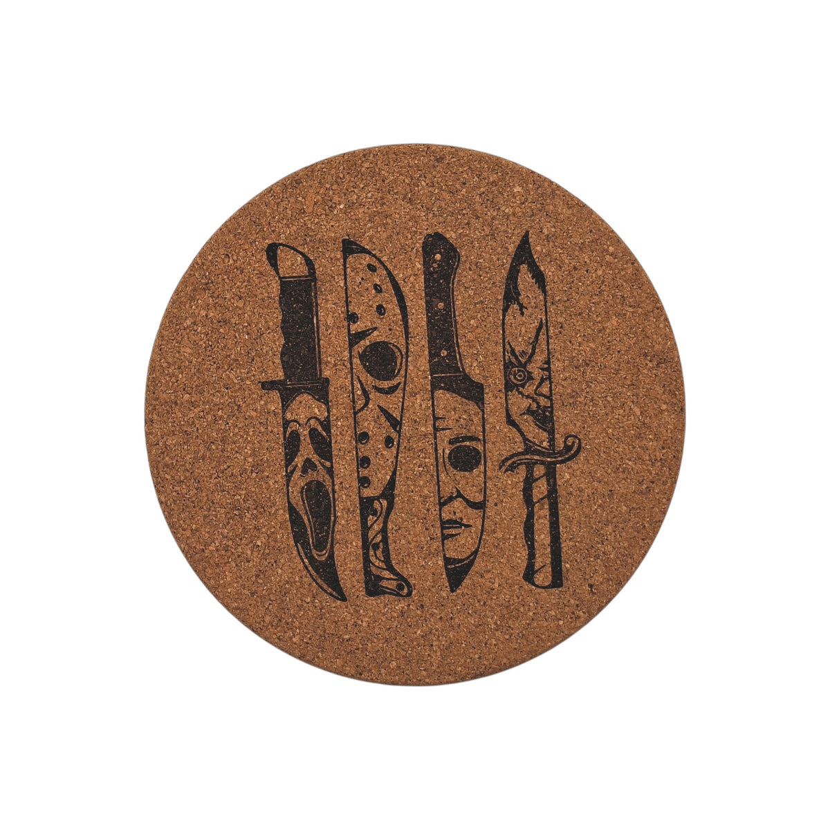 Sous-plat en liège gravé – Horreur – Couteaux de slashers – Created Artisan