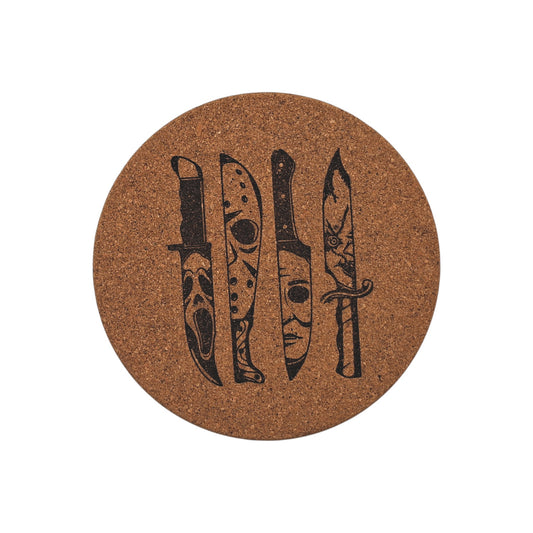 Sous-plat en liège gravé – Horreur – Couteaux de slashers – Created Artisan