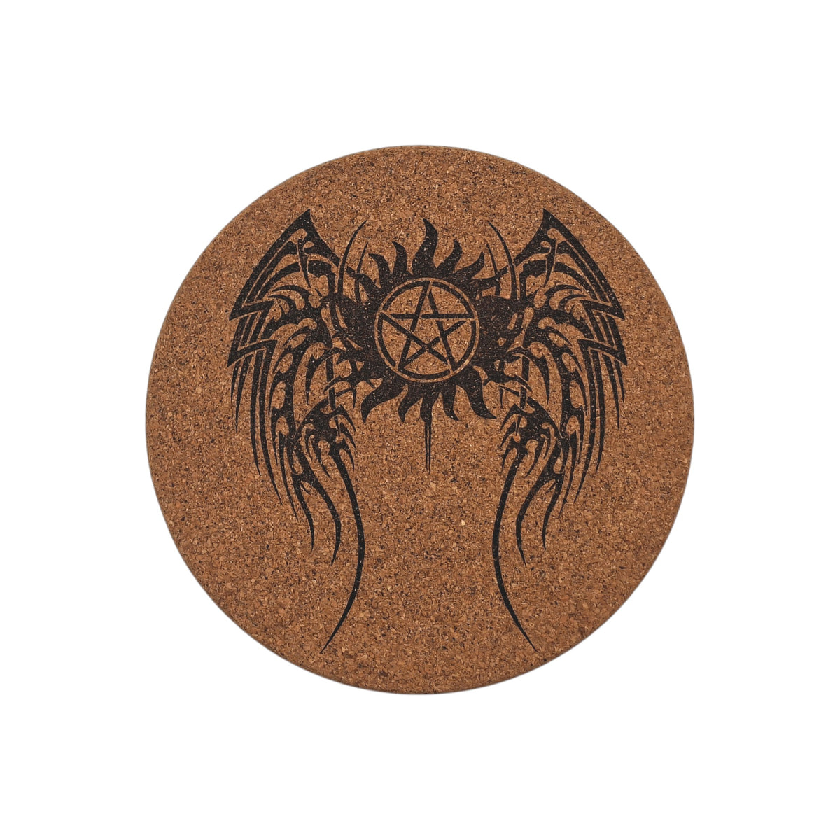 Sous-plat en liège gravé – Supernatural – Pentagramme ailé – Created Artisan