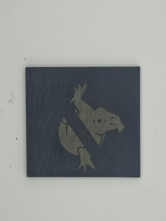 Square engraved slate coaster – Ghostbusters hockey-mask ghost