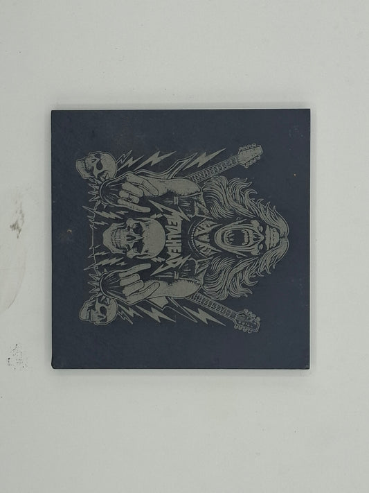 Square engraved slate coaster – Metallica skulls and guitars