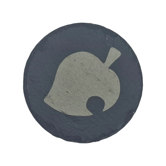 Sous-verre rond en ardoise gravée Animal Crossing feuille – Created Artisan